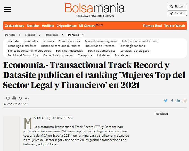 Economa.- Transactional Track Record y Datasite publican el ranking 'Mujeres Top del Sector Legal y Financiero' en 2021